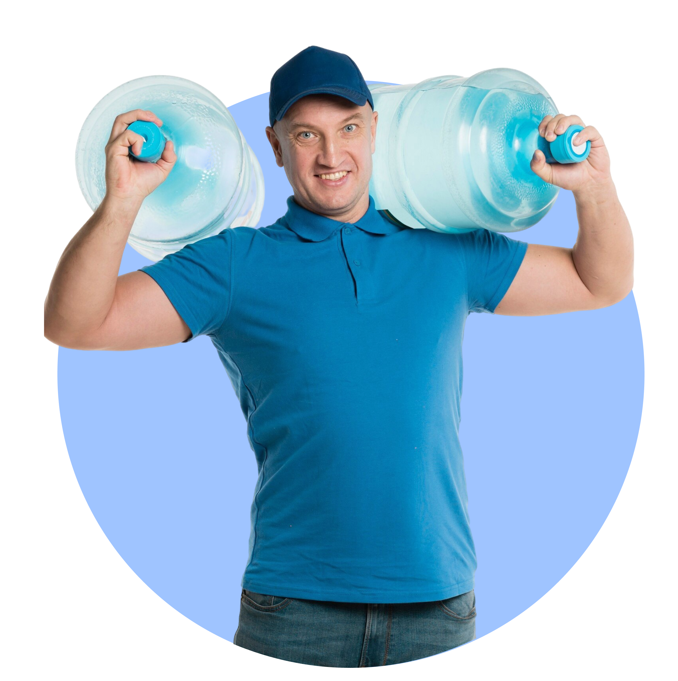 Delivery person in blue uniform carrying water bottles